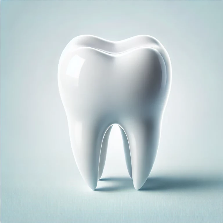 A detailed and clean illustration of a healthy, realistic tooth, set against a bright and minimalistic background.